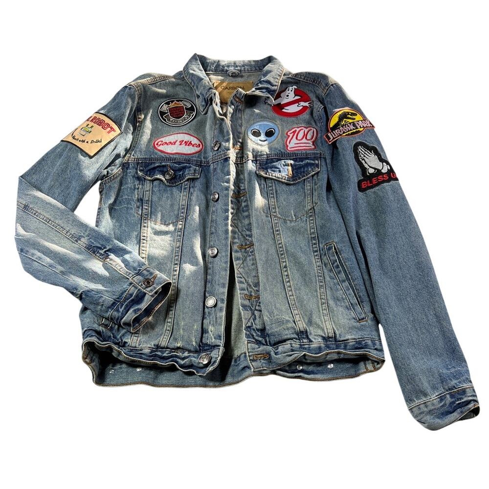 Custom Patch Denim Jacket Mens Medium Jurassic Pa… - image 1